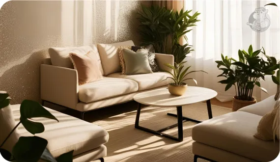 przytulny salon z subtelnym dodatkiem brokatu na beżowej ścianie za kanapą